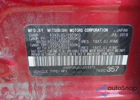 2018 Mitsubishi Outlander Sport 2.0 Es/2.0 Le из США, поврежденный, VIN JA4AP3AU0JU024872